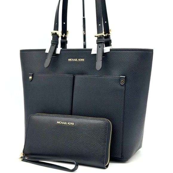Michael Kors Jet Set Medium Pocket Tote Bag & Continental Wallet Wristlet Black - Picture 1 of 13